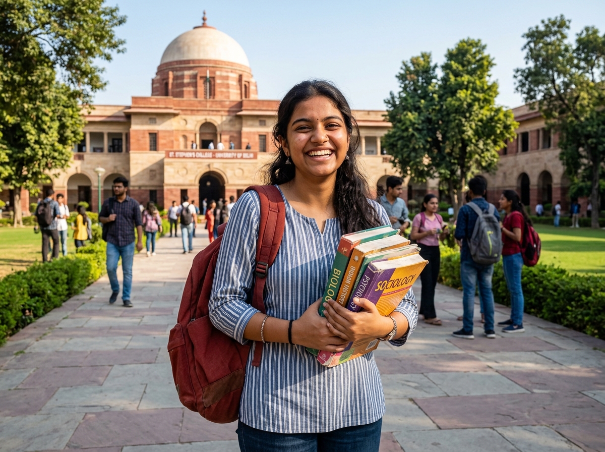 Smiling Indian student holding textbooks on prestigious Indian university campus