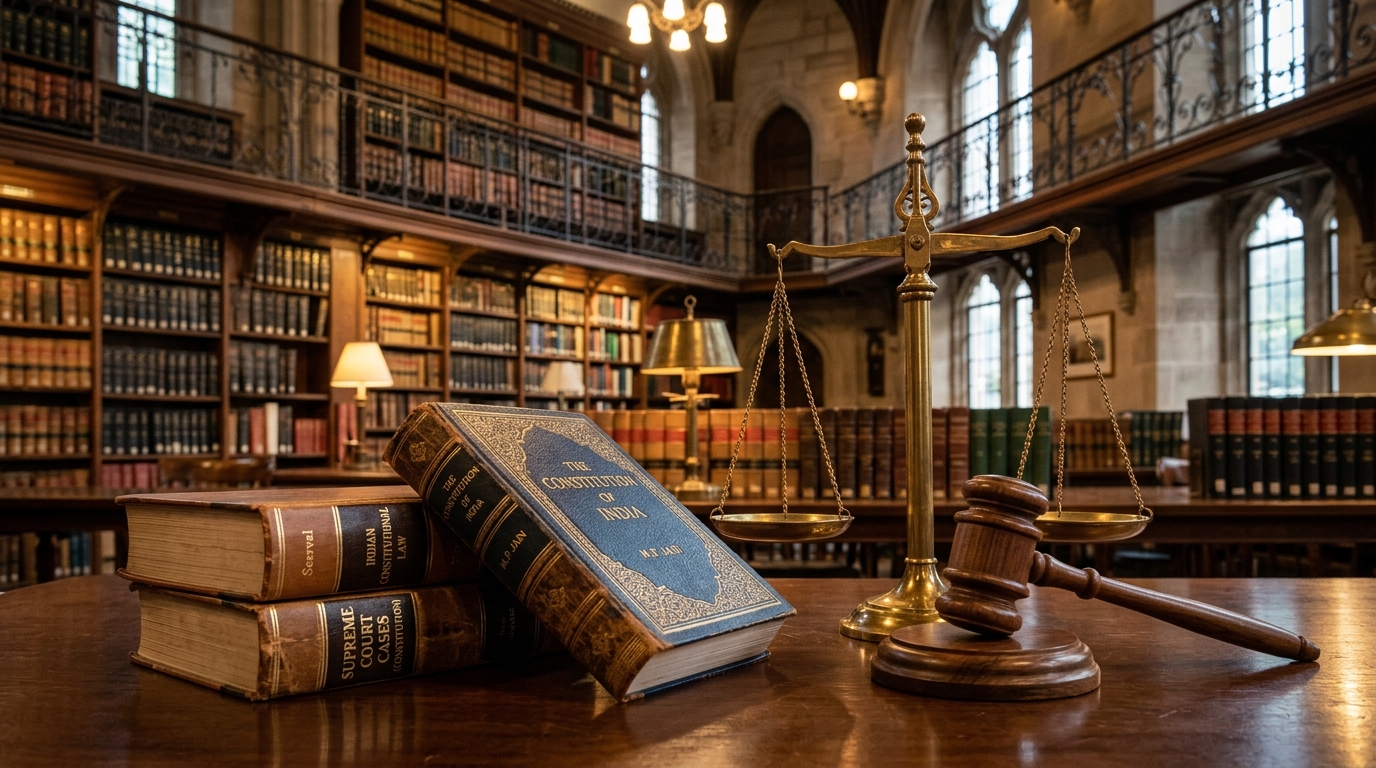 Indian law books and scales of justice