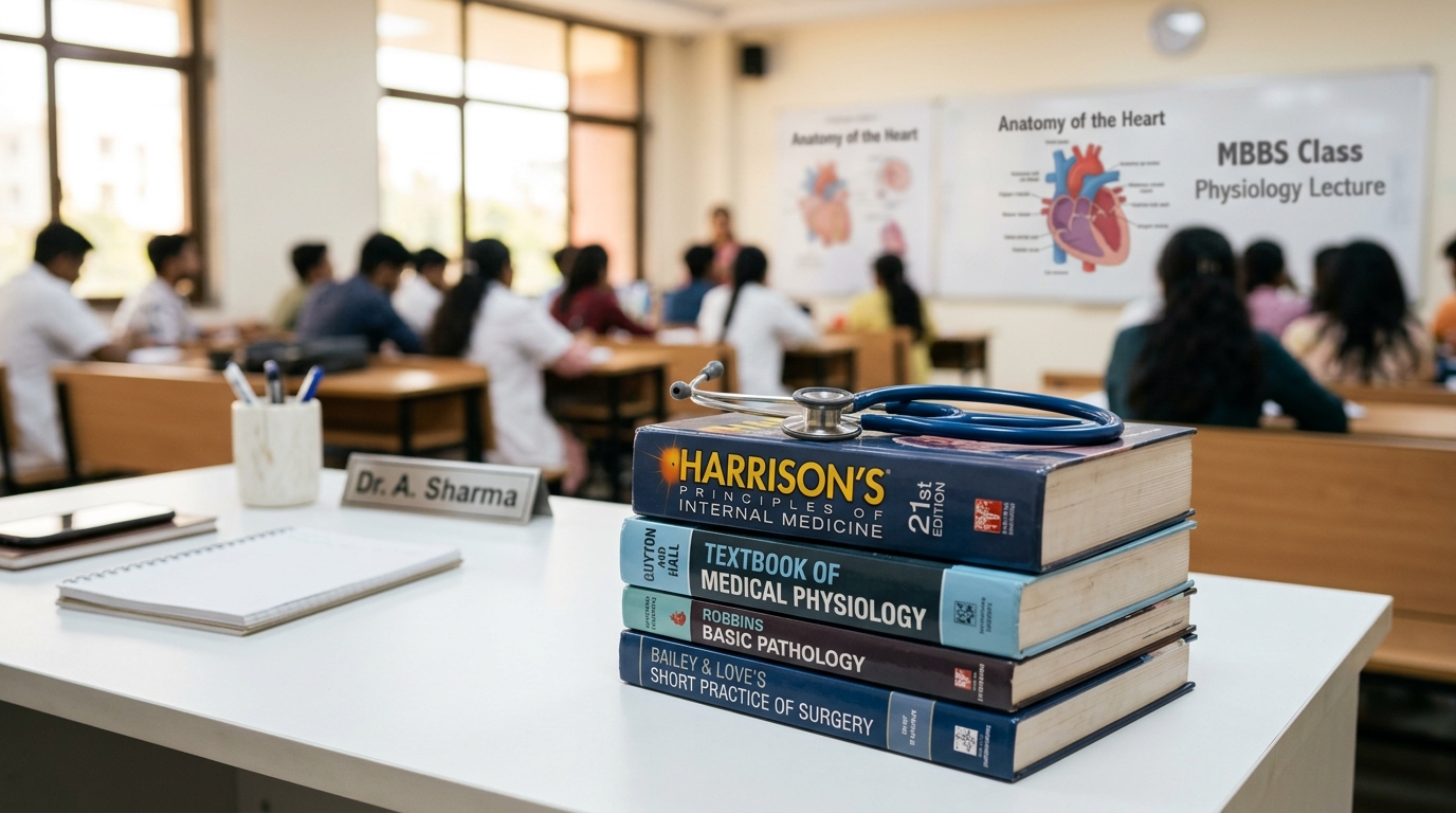 Medical education textbook and stethoscope