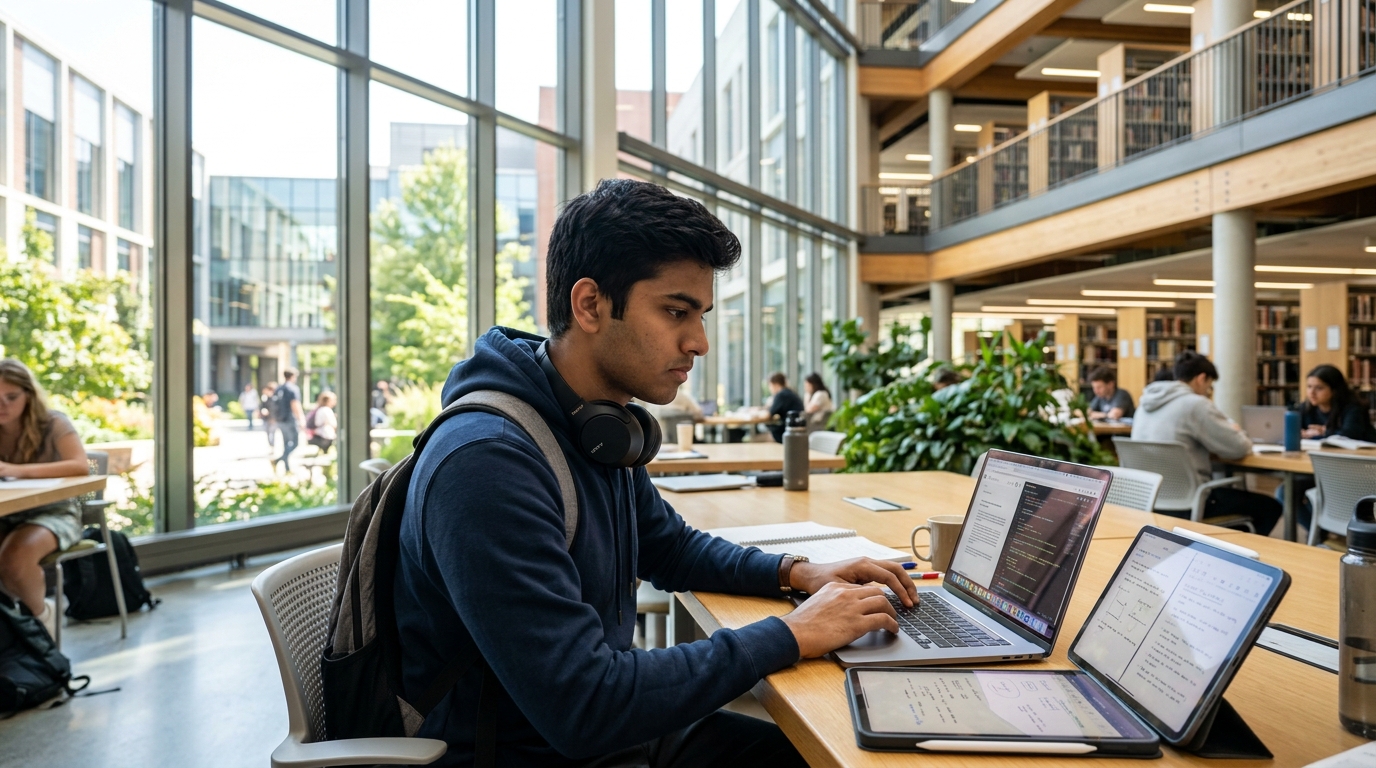 Student working on laptop in modern campus atrium