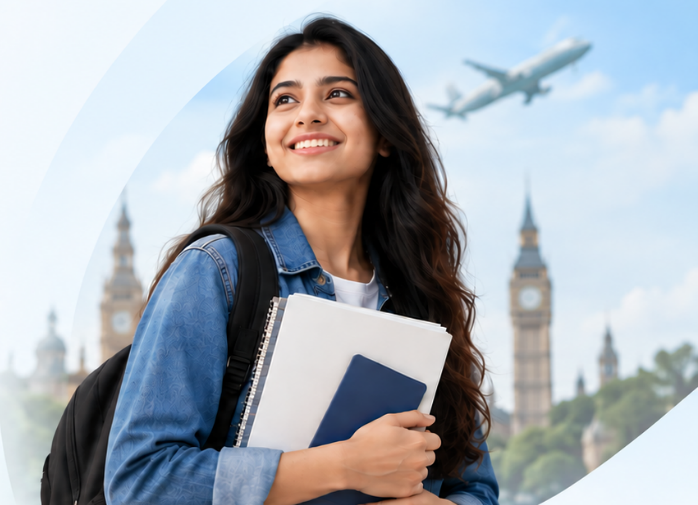 International student smiling with study passport and university documents