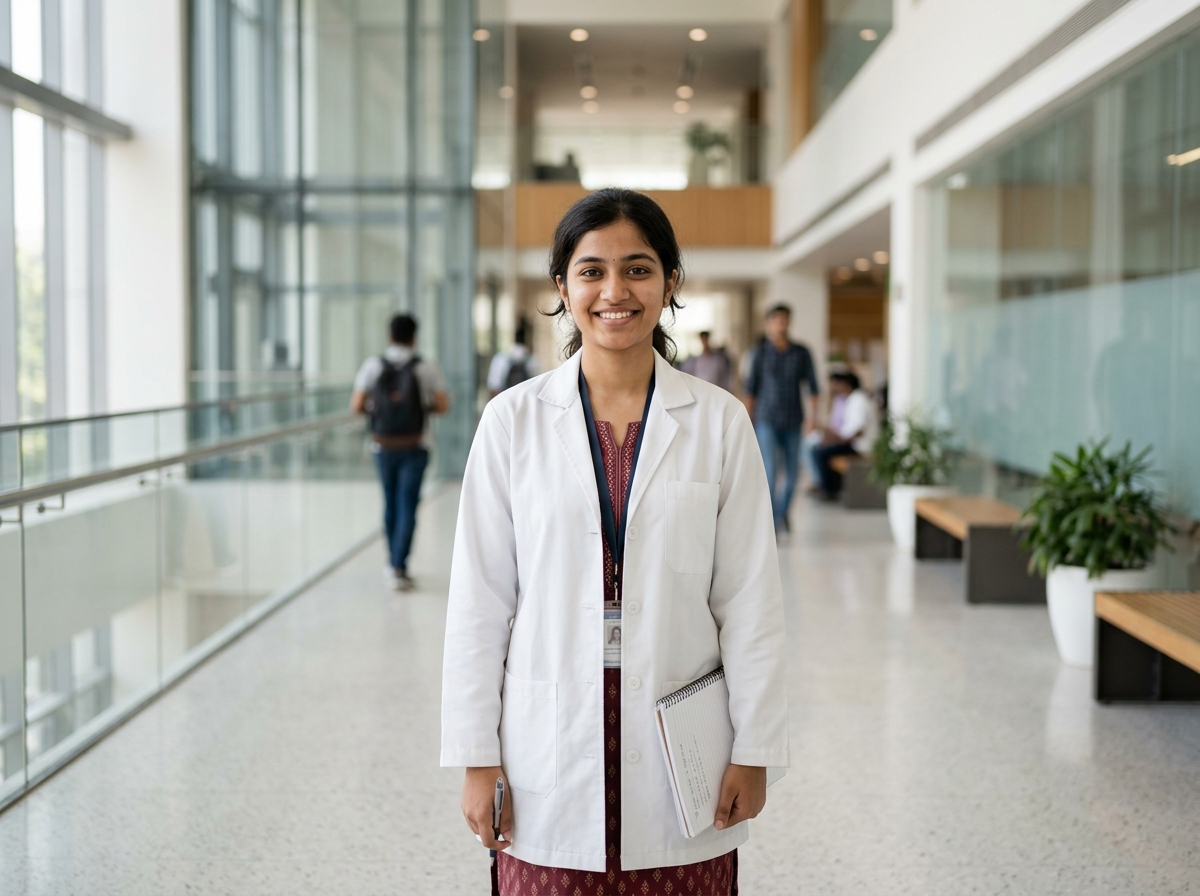Indian medical student in doctor coat on modern medical university campus